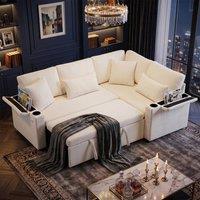 FENCHILIN LShaped Sofa Bed with Pull-out Sleeper, Armrest Storage Charging in Beige