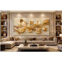 Mafett Large Luxury Gold Wave Abstract Premium Canvas Wall Art | Size: 200 cm x 100 cm