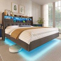 Rolipo Super King Bed 180x200 Grey Linen LED Floating Bed with Storage