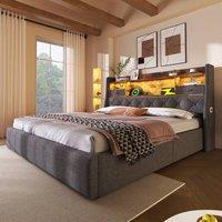 Rolipo Super King Bed Grey Linen Hydraulic Ottoman with LED & USB 180x200cm | Size: 180x200 cm
