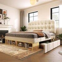Rolipo 3ft Beige Velvet Upholstered Single Bed with Storage Drawers