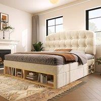Rolipo Beige Velvet Upholstered 5ft King Size Bed with Storage Drawers