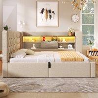 Rolipo Beige Linen Daybed with Storage, 3FT Single Sofa Bed & LED Lights