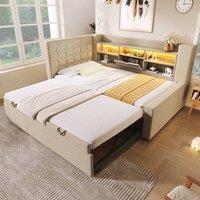 Rolipo 3FT Single Daybed with Trundle, Upholstered Sofa Bed in Beige