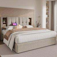 Rolipo 5FT King Size Upholstered Storage Bed with Wireless Charging in Natural