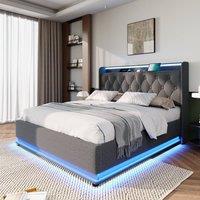 Rolipo Grey Linen Double Ottoman Bed with LED & USB Storage 4ft6