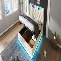 Rolipo White PU Double Ottoman Bed Frame with LED & USB Charging 4ft6