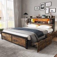 Rolipo 4ft6 Double Metal Bed Frame with LED Lights, USB Ports & 2 Drawers in Black