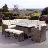 Artemis Home Piana 10 Seat Rattan Corner Sofa with Firepit Table, Bench & Chair in Brown