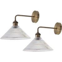 First Choice Lighting Set of 2 Isaac - Antique Brass Wall Lights with Fluted Glass Shades in Gold