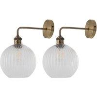 First Choice Lighting Set of 2 Isaac - Antique Brass Wall Lights with Clear Ribbed Shades in Gold
