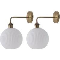 First Choice Lighting Set of 2 Isaac - Antique Brass Wall Lights with White Ribbed Shades in Gold
