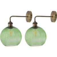 First Choice Lighting Set of 2 Isaac - Antique Brass Wall Lights with Green Ribbed Shades in Bronze