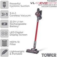 Tower T513014 VL40 Pro 3-in-1 Cordless Vacuum Cleaner w/ Cyclonic Suction, Turbo Pet & Upholstery Brush, Handheld Function, 1L Capacity, 22.2V, Red