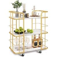 Costway 3-Tier Buffet Serving Cart Rolling Bar Serving Trolley Faux Marble Shelves Wine in White