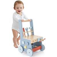 Costway Wooden Walker 2-in-1 Push Walker & Tool Work Bench Toys With Storage in Light Blue