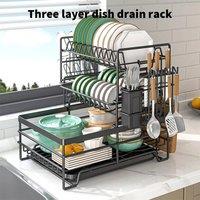 EONLION 3 Tier Dish Drainer Rack Cutlery Holder Plate Rack in Black | Size: 100 cm