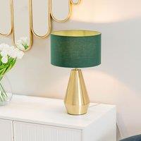 ValueLights Jax Antique Brass Dimmable Touch Table Lamp with Fabric Drum Shade with LED Bulb in Bottle Green
