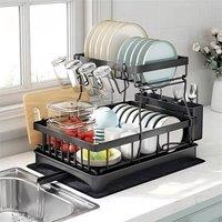 Havendro 2 Tier Dish Drainer Rack for Kitchen Counter with Cutlery Holder in Black | Size: 100 cm x 15 cm