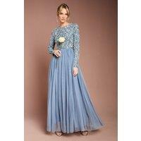 Coast Women's Honoured Long Sleeve Sequin Bodice Tulle Skirt Maxi Bridesmaid Dress in Dusty Blue | Size: 12