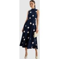 Hobbs London Women's Mia High Neck Polka Dot Midi Dress in Dark Navy | Size: 8