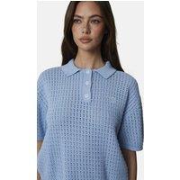 Good For Nothing Women's Cropped Pointelle Knit Polo Shirt in Blue | Size: XS