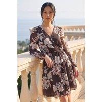 Roman Women's Petite Floral Wrap Dress in Chocolate | Size: 8