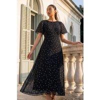Roman Women's Petite Spot Dot Chiffon Dress in Black | Size: 10