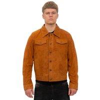 Infinity Leather Men's Goat Suede Leather Trucker Jacket-Taraz in Tan | Size: 5XL