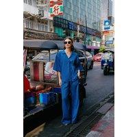 Zafosh Women's Textured Tie Front Top & Wide Leg Trouser Co-Ord in Royal | Size: Small