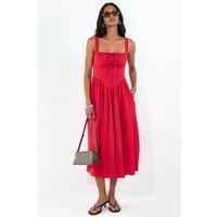 Busem Women's Midi Dress with Square Collar & Button Detail in Red | Size: Medium