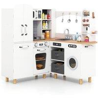 Costway Corner Play Kitchen Kids Wooden Kitchen Playset Double-Door Fridge in White