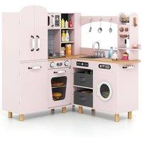 Costway Kids Play Kitchen Corner Wooden Pretend Toy Kitchen w/Coffee Maker in Pink