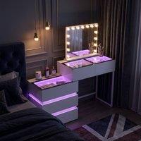 FENCHILIN 5-Drawer RGB Lighting Dressing Table w/ 15 LED Hollywood Mirror, White