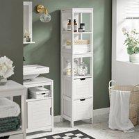 SoBuy Slim Bathroom Tall Storage Cabinet - 3-Tier Shelves 2 Drawers - H144cm in White