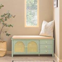 SoBuy Space-Saver Entrance Bench - Rattan Doors & Cushioned Seat in Green