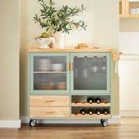 SoBuy Mobile Kitchen Island - Wood Top & Wine Rack Farmhouse in Green