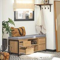SoBuy Entrance Bench with 4 Drawers - Light Oak & Grey Cushion | Size: 110 cm x 35 cm