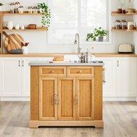 SoBuy Kitchen Island on Wheels - Extendable Stainless Worktop - Bamboo in Natural