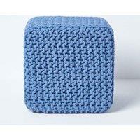 Homescapes Cube Cotton Knitted Pouffe Footstool in Blue
