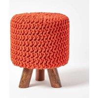 Homescapes Tall Cotton Knitted Footstool on Legs in Burnt Orange