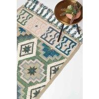 Homescapes Matala Green & Blue Kilim Wool Rug | Size: 90 cm x 150 cm