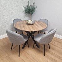 KOSY KOALA 4 Seater Round Dining Table with X Legs & 4 Grey Velvet Chairs in Brown