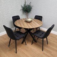 KOSY KOALA 4 Seater Round Dining Table with X Legs & 4 Black Velvet Chairs Set in Brown