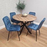 KOSY KOALA 4 Seater Round Dining Table with X Legs & 4 Blue Velvet Chairs Set in Brown