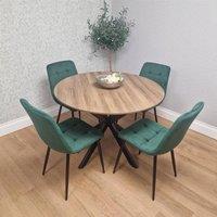 KOSY KOALA 4 Seater Round Dining Table with X Legs & 4 Green Velvet Chairs Set in Brown