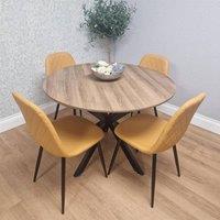 KOSY KOALA 4 Seater Round Dining Table with X Legs & 4 Mustard Chairs in Brown