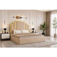 SOFT SNOOZE BEDS Luxury Gold Trim Upholstered Bed Designer Tufted Headboard & Ottoman in Beige | Size: Small Double