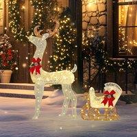 OUTSUNNY Light Up Reindeer & Sleigh Christmas Decoration w/ 170 LED Lights in White