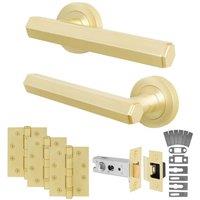 AFIT Brass Fire Door Handle Latch Set Satin Brass Internal + Latch Hinges in Gold | Size: 150mm x 150mm